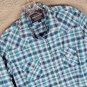 Rough Stock Panhandle Slim Shirt Womens M Plaid Embroidered Studded Button-Up